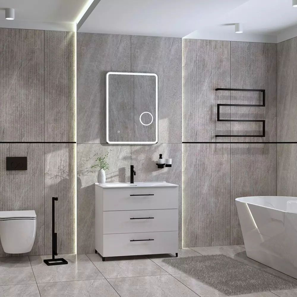 Scala Black Mat radiator, Ergoseat 3.0 wall-mounted bowl, Lav 200.4.4 Black Mat rack button, Reno standing cabinet with Colorado sink, Pomona mirror, Orion Black Mat low sink faucet, Trinidad towel rack, 