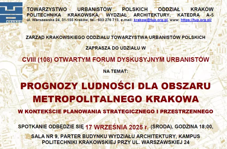 fragment afiszu zapraszającego na 108. Otwarte Forum Dyskusyjne Urbanistów nt. Prognoz ludności dla obszaru Metropolitalnego Krakowa