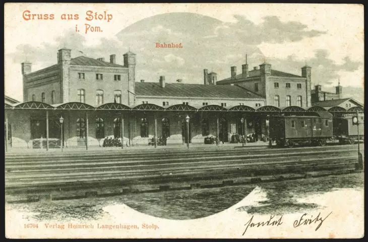 Postcard, Gruss aus Stolp i. Pom. Bahnhof - railroad station in Slupsk.