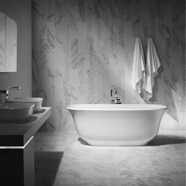 V+A Quarrycast™ AMIATA 1650 freestanding bathtub and AMIATA washbasins
