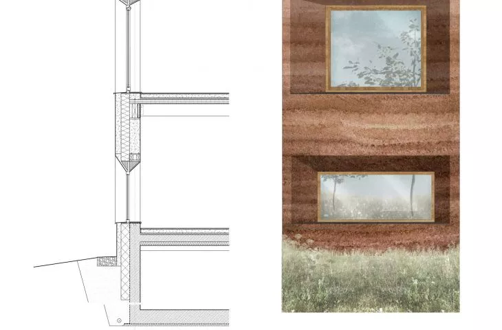 Detal zastosowanej technologii rammed earth (ziemi ubitej)