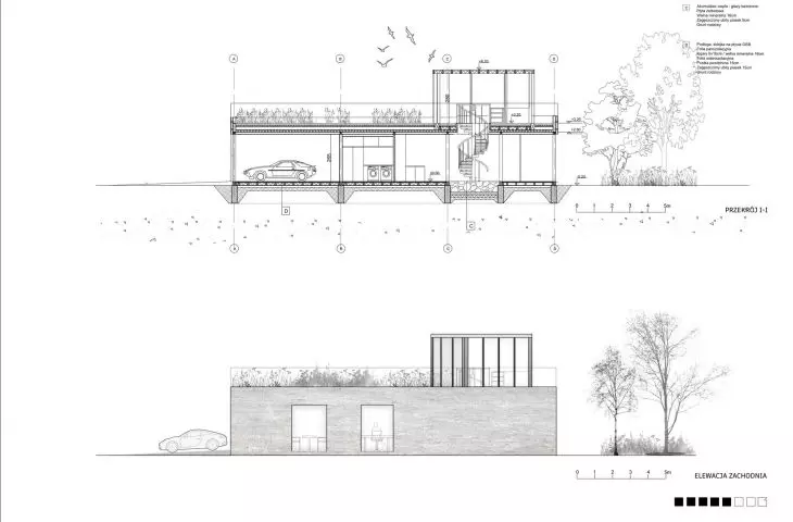 cross-section, west elevation