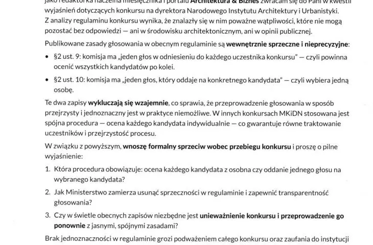 zapytanie prasowe do Ministry Kultury i Dziedzictwa Narodowego Marty Cienkowskiej w sprawie regulaminu konkursu na Dyrektora Narodowego Instytutu Architektury i Urbanistyki