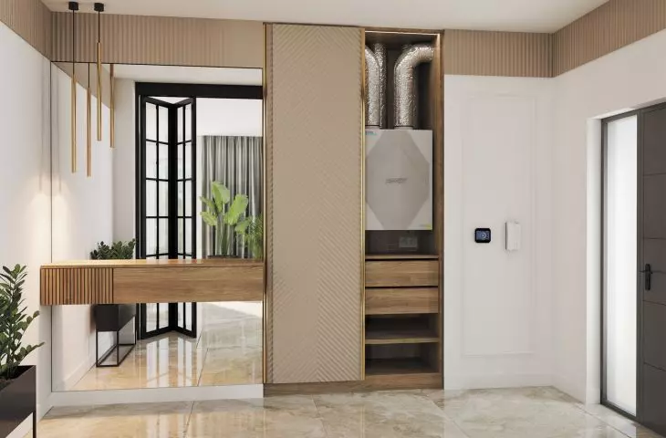 Rekuperator MISTRAL HOME schowany w szafie w przedpokoju
