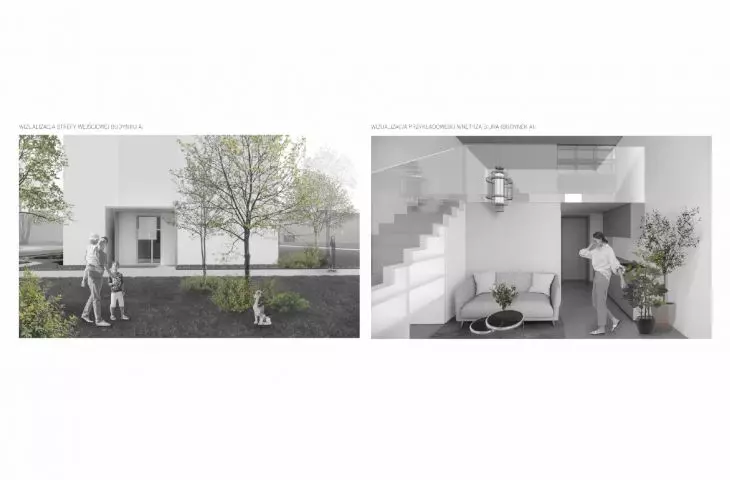 visualizations of the entrance area and interior of a sample office