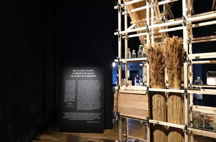 part of the exhibition is a closet, an archive of travel in the form of an openwork wooden structure