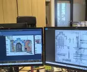 Right - Scan of technical documentation from 1887 showing the gate at the Little Tower. Left - Contemporary inventory of the same object in ZWCAD - outline photogrammetry extracted from the point cloud.