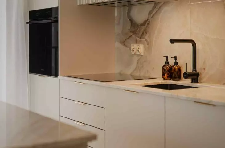 The kitchen was designed as a peaceful backdrop for daily activities