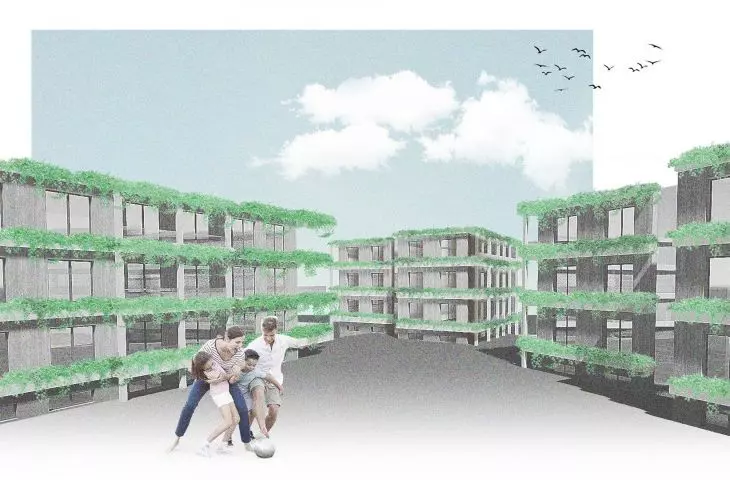 A student project of a multi-family housing estate by Anna Cukrowska from the Faculty of Architecture at the Warsaw University of Technology.