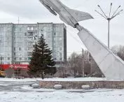 MIG-21F aircraft monument in Krasnoyarsk