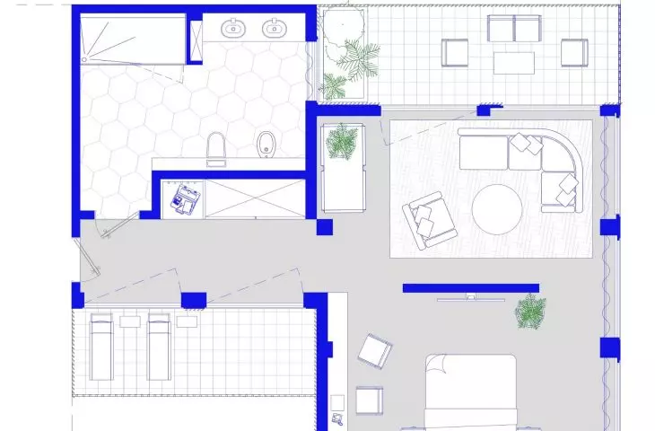 projection of a double apartment with a sofa bed