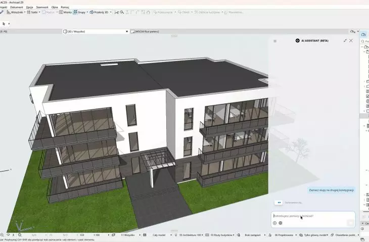 Przykład działania wbudowanego w Archicada asystenta AI 