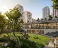 view of the garden from Miedziana Street, the amphitheater and the revitalized pavilion of the Polish Word House