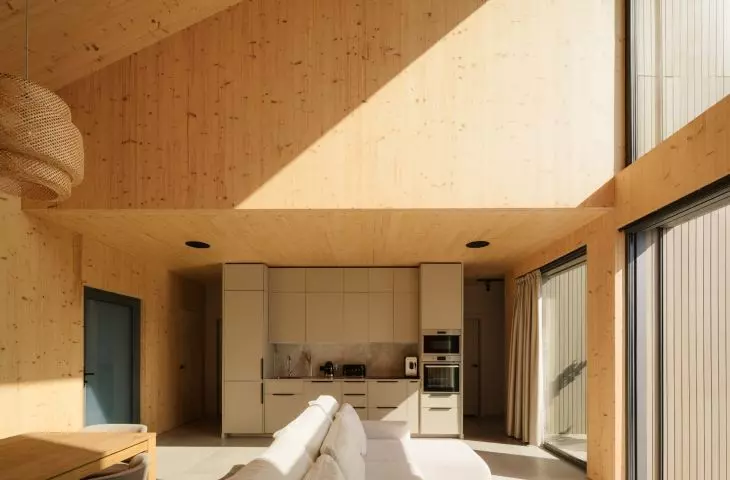 Lake house; view from living room to kitchen