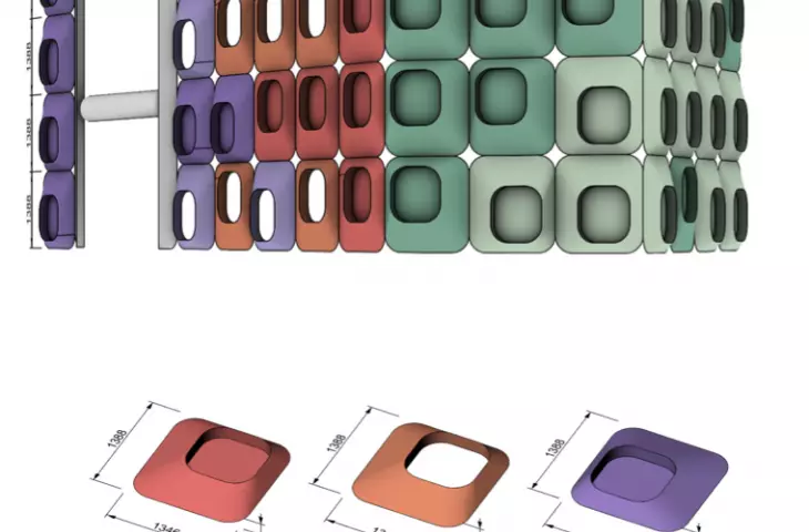 The most important element shaping the perception of the object is the modular arrangement of convex, softly contoured frames that form a regular grid encompassing the entire block