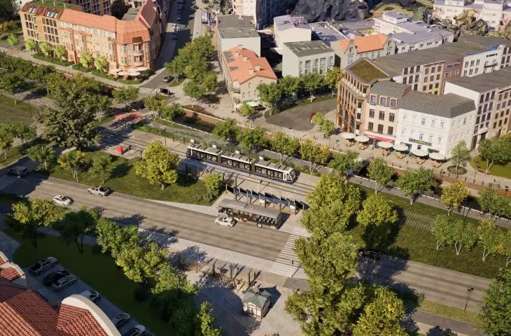 bird's-eye view of the intersection of Grunwaldzka Street and Marszałka Focha Street