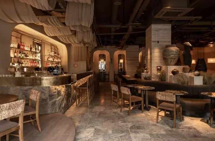 the interior is diversified with a variety of materials and textures