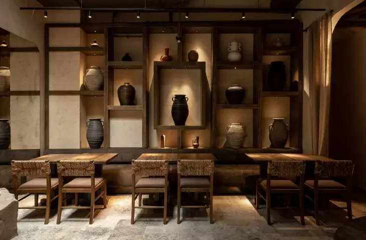 bookcase with ceramic vases