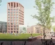 zielony rynek Dąbrowy Górniczej, widok na hale Fabryki Pełnej Życia, pasaż wejściowy i budynek biurowy z wieżą widokową