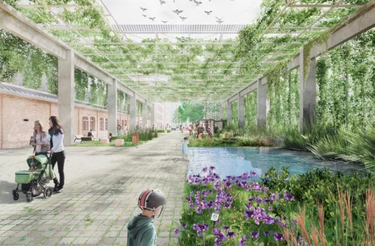green tunnel under crane structures - rest area with green playground