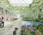 zielony tunel pod konstrukcjami suwnic — miejsce wypoczynku z zielonym placem zabaw