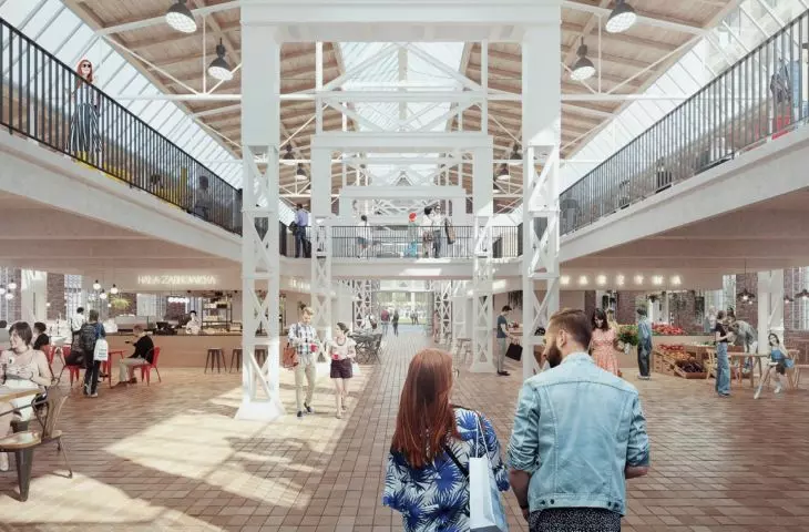 wnętrze tzw. Zagłębiowskiego Rynku Smaków — przestrzeń typu food hall w hali H3