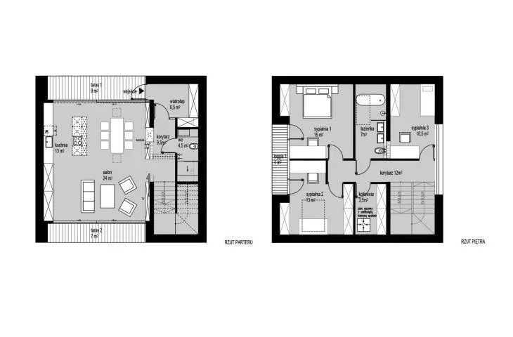 House in color variant S. Ground and first floor plan
