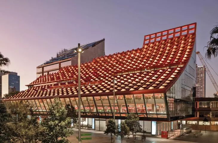 Exterior and interior view of the Parramatta Library and Cultural Centre, Australia, 2016-2023