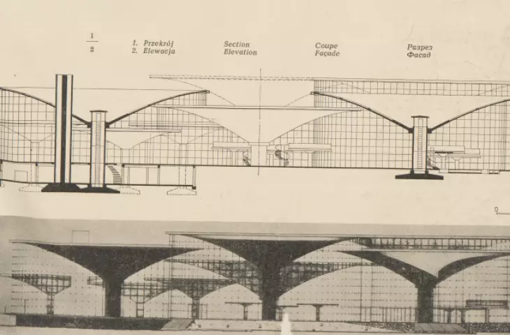 przekrój i elewacja, projekt hali imprez autorstwa Aleksandra Franty i Henryka Buszko