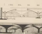 przekrój i elewacja, projekt hali imprez autorstwa Aleksandra Franty i Henryka Buszko