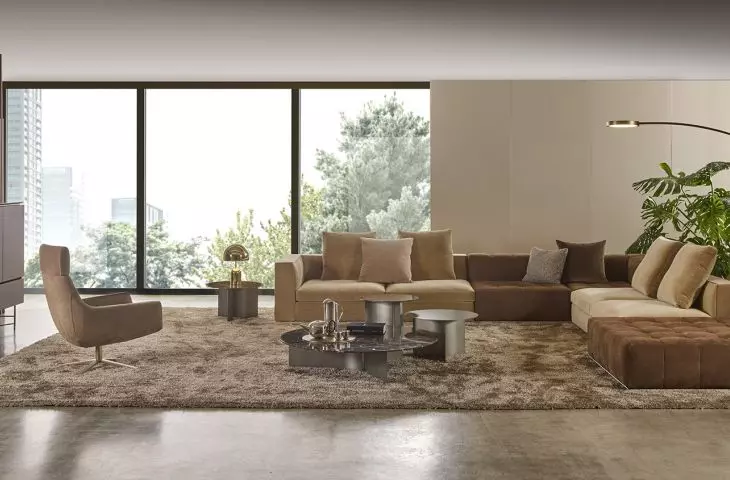 MARELLI - ANDY and MATHEUS sofa, JOY HIGH armchair, WAVE tables, KYOTO sideboard