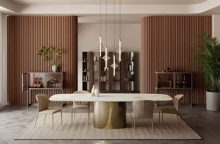 BONTEMPI - TALOS table, GRACE chairs, ELVIS display cabinets, HELENA bookcase, RAIN lamp