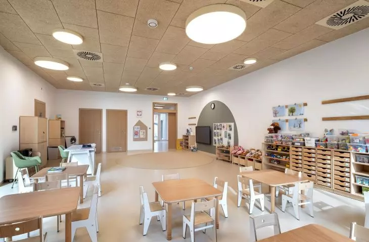 Heradesign natural wood wool ceilings take care of nursery-friendly acoustics in every room