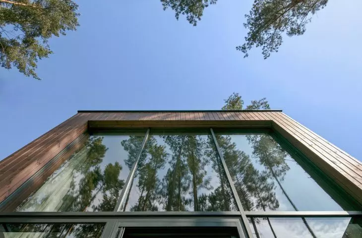 large glazing reflects the trees surrounding the house