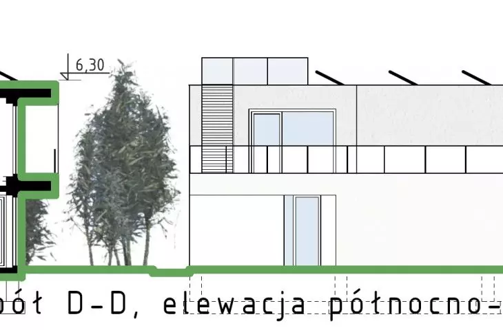 Cross-section through the residential complex, northwest elevation