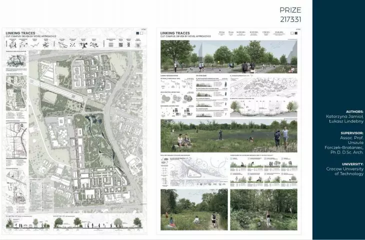 wybrane plansze projektów nagrodzonych w międzynarodowym konkursie architektoniczno-urbanistycznym Cracow University of Technology (CUT) Campus, organizowanym przez Politechnikę Krakowską i Wydział Architektury PK