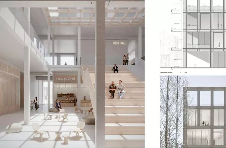 „Zagadka. Bazar, food hall i coworking, ul. Wyspiańskiego, Gdańsk Wrzeszcz” — dyplom inżynierski Aleksandry Ciżek zrealizowany w Katedrze Architektury Mieszkaniowej i Użyteczności Publicznej w 2024 roku
