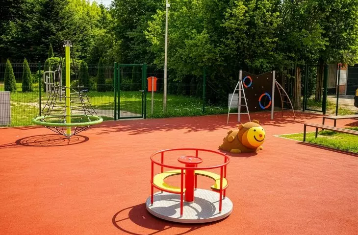 Plac zabaw przy Szkole Podstawowej nr 6 w Zgierzu z nawierzchnią poliuretanową PG 50 i PG 60 dostarczoną przez Epufloor 