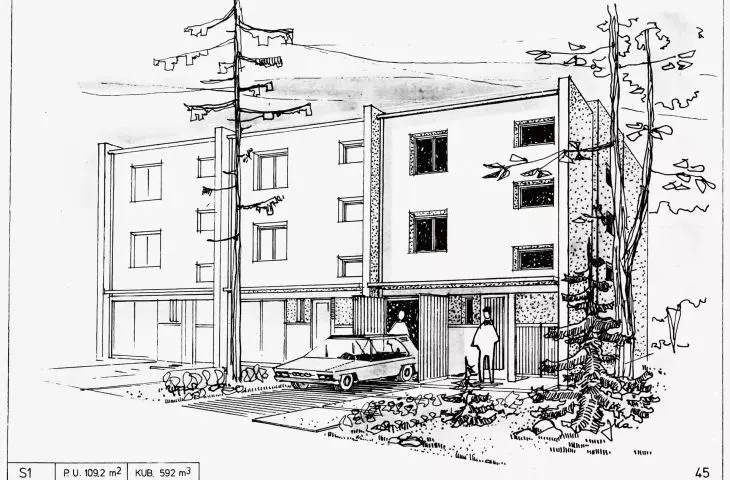 Perspective drawing of a house of type No. S1 from the Poznan Provincial Set of Single-Family House Projects, 1977.