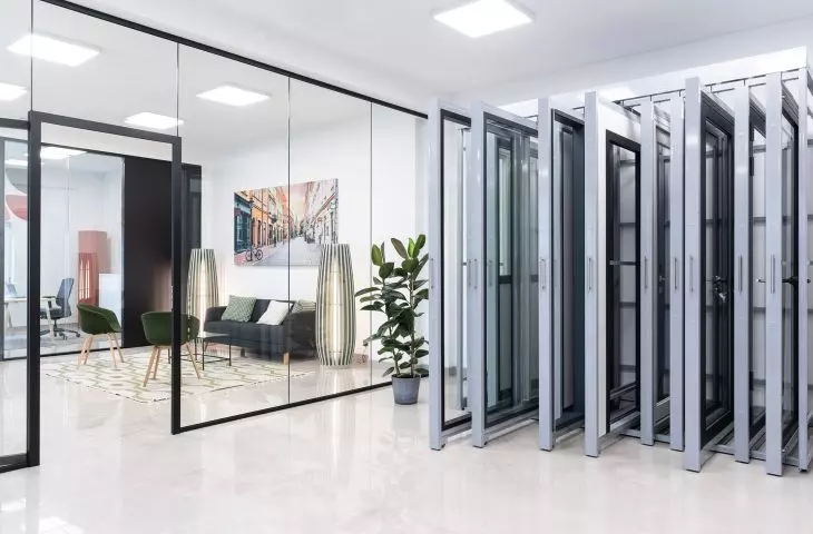 Lightweight wall that gives a lot of light in the room in the HT system with a frame integrated into the glass