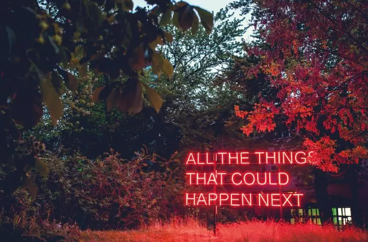 Tim Etchells' neon sign in front of the building 