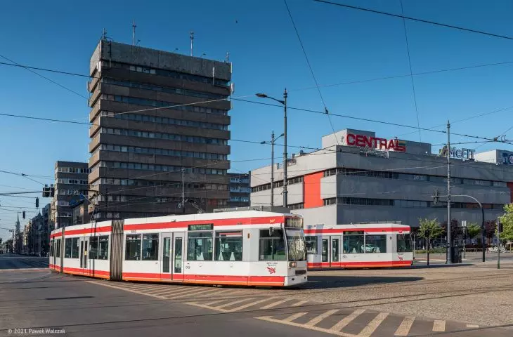 Lodz streetcar 11A on the background of the Central and PSS 