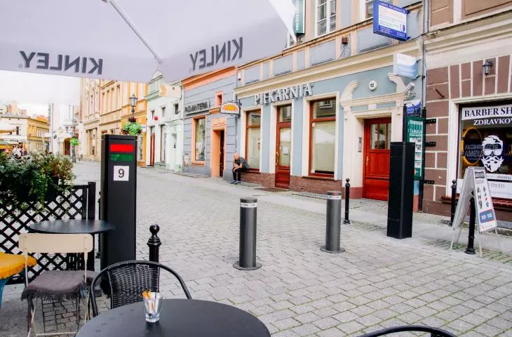 Vigilant electromechanical posts on the pedestrian street in Zielona Gora