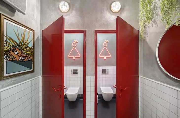 Toilets behind the red door....
