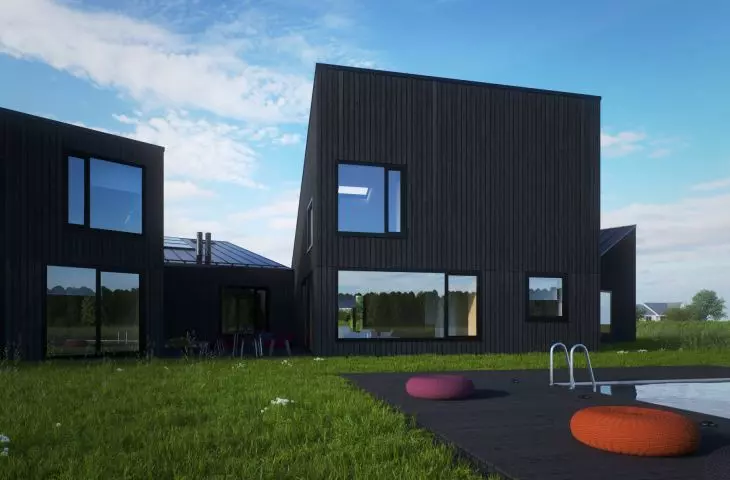 projektowana elewacja z okładziną z desek barwionych na ciemny kolor