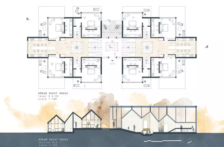 hotel project in Iceland Dogun - guest house, plans and sections