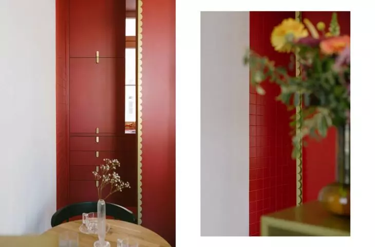 The red technical section is the backdrop for the entire interior