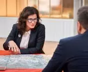 Aleksandra Dulkiewicz, Mayor of Gdańsk, standing next to a scale model of the project