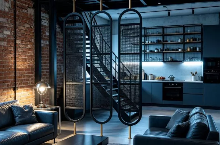Nordic-style black wooden room dividers with black rattan, loft style