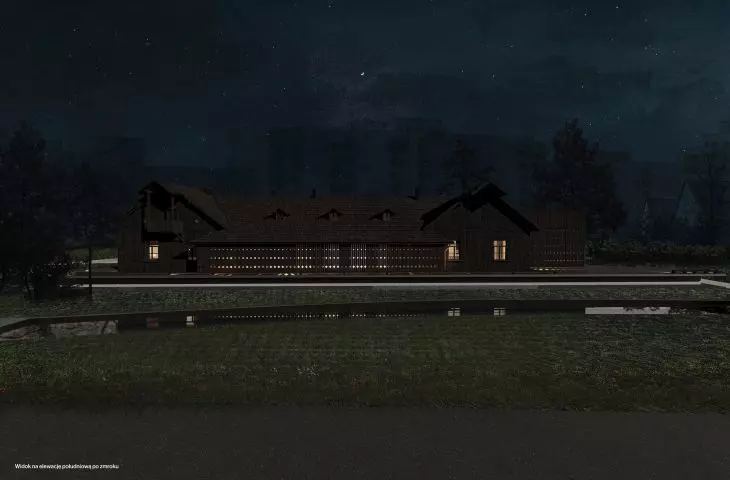 the south facade after dark